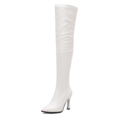 Pointed Toe Elastic Stiletto Heels Over The Knee Thigh Highs Boots - White