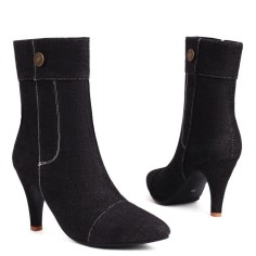 Pointed Toe Kitten Heels Ankle Highs Side Zipper Denim Booties - Black