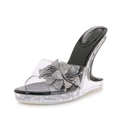 Peep Toe Strange Style Transparents Heels Rhinestones Bling Flower Sandals - Black PVC