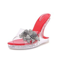 Peep Toe Strange Style Transparents Heels Rhinestones Bling Flower Sandals - Red PVC