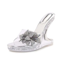 Peep Toe Strange Style Transparents Heels Rhinestones Bling Flower Sandals - Silver PVC