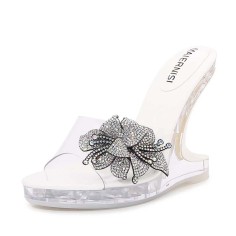 Peep Toe Strange Style Transparents Heels Rhinestones Bling Flower Sandals - White PVC
