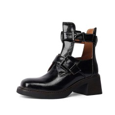 Round Toe Belt Buckles Chunky Heels British Style Retro Ankle Highs Boots - Black Leather