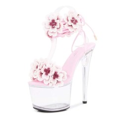 Peep Toe Stiletto Heels Flowers Transparent Platforms Gladiator Lace Up Sandals - Pink PVC