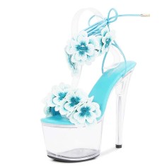Peep Toe Stiletto Heels Flowers Transparent Platforms Gladiator Lace Up Sandals - SkyBlue PVC