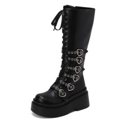 Round Toe Platforms Heart Shape Buckle Straps Side Zipper Knee Highs Wedges Boots - Black