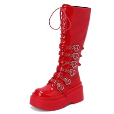 Round Toe Platforms Heart Shape Buckle Straps Side Zipper Knee Highs Wedges Boots - Red