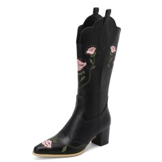 Pointed Toe Chunky Heels Knee Highs Flower Embroidery Pattern Western Cowgirl Boots - Black