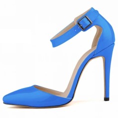 Pointed Toe Stiletto Heels Ankle Buckle Straps Dorsay Sandals Pumps - Blue Faux Leather
