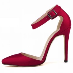 Pointed Toe Stiletto Heels Ankle Buckle Straps Dorsay Sandals Pumps - Burgundy Faux Leather