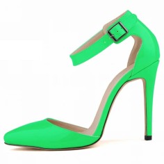 Pointed Toe Stiletto Heels Ankle Buckle Straps Dorsay Sandals Pumps - Green Faux Leather