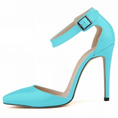 Pointed Toe Stiletto Heels Ankle Buckle Straps Dorsay Sandals Pumps - SkyBlue Faux Leather