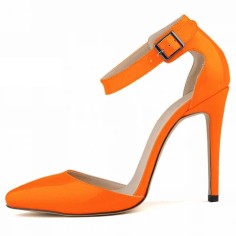 Pointed Toe Stiletto Heels Ankle Buckle Straps Dorsay Sandals Pumps - Orange Faux Leather