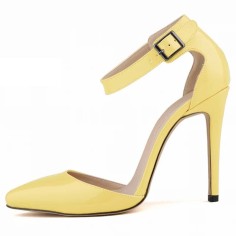Pointed Toe Stiletto Heels Ankle Buckle Straps Dorsay Sandals Pumps - Yellow Faux Leather