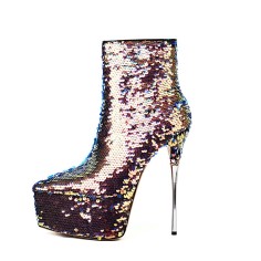 Pointed Toe Stiletto Metal Heels Bling Sequined Ankle Highs Platform Boots - Gold Faux Leather