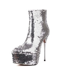 Pointed Toe Stiletto Metal Heels Bling Sequined Ankle Highs Platform Boots - Silver Faux Leather