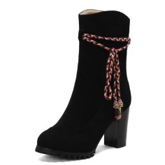 Round Toe Riband Decorated Ankle High Chunky Heels Boots - Black
