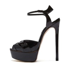Peep Toe Fish Mouth Platforms Ankle Buckle Straps Stiletto Heels Smooth Sandals - Black Patent
