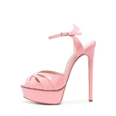 Peep Toe Fish Mouth Platforms Ankle Buckle Straps Stiletto Heels Smooth Sandals - Pink Patent