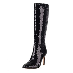 Pointed Toe Stiletto Heels Bling Sequin Side Zipper Knee Highs Boots - Black Faux Leather