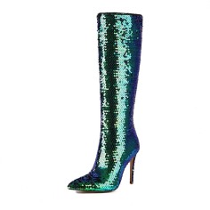 Pointed Toe Stiletto Heels Bling Sequin Side Zipper Knee Highs Boots - Green Faux Leather