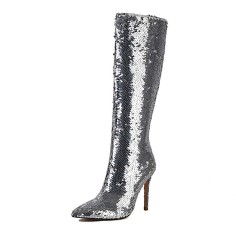 Pointed Toe Stiletto Heels Bling Sequin Side Zipper Knee Highs Boots - Silver Faux Leather