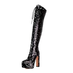 Pointed Toe Chunky Heels Bling Sequin Lace Up Thigh Highs Platforms Boots - Black Faux Leather