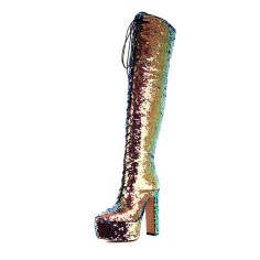 Pointed Toe Chunky Heels Bling Sequin Lace Up Thigh Highs Platforms Boots - Gold Faux Leather
