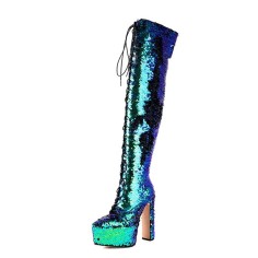 Pointed Toe Chunky Heels Bling Sequin Lace Up Thigh Highs Platforms Boots - Green Faux Leather