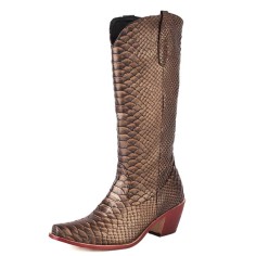 Pointed Toe Chunky Heels Knee Highs Snake Print Western Cowgirl Boots - Gold