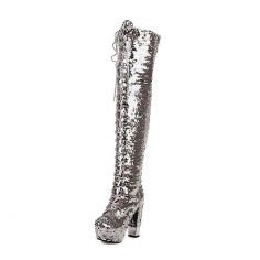 Round Toe Chunky Heels Bling Sequin Lace Up Thigh Highs Platforms Boots - Silver Faux Leather
