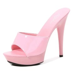 Peep Toe Stiletto Heels Low Platforms Comfortable Slippers Sandals - Pink Patent