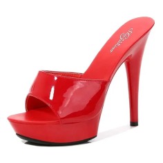 Peep Toe Stiletto Heels Low Platforms Comfortable Slippers Sandals - Red Patent