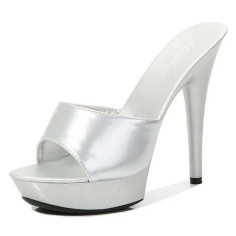 Peep Toe Stiletto Heels Low Platforms Comfortable Slippers Sandals - Silver Patent