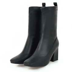 Square Toe Chunky heels Ankle High Classic Boots - Black Faux Leather
