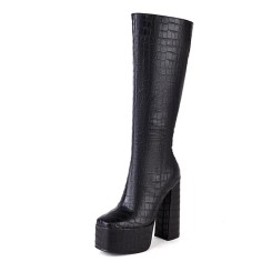 Square Toe Chunky Heels Platforms Side Zipper Knee Highs Crocodile Pattern Boots - Black