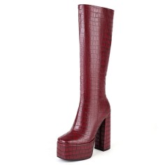 Square Toe Chunky Heels Platforms Side Zipper Knee Highs Crocodile Pattern Boots - Burgundy