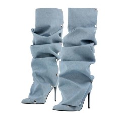 Pointed Toe Pleated Stiletto Heels Back Zipper Fashion Buttons Removable Boots - Blue Felt Fabric