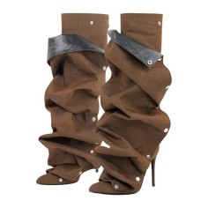Pointed Toe Pleated Stiletto Heels Back Zipper Fashion Buttons Removable Boots - Brown Felt Fabric