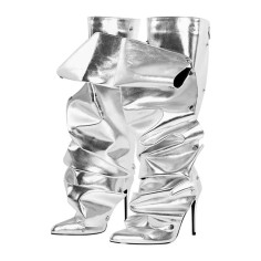 Pointed Toe Pleated Stiletto Heels Back Zipper Fashion Buttons Removable Boots - Silver Faux Leather