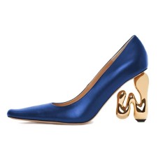 Half Square Pointed Toe Strange W Heels Pumps - Blue Leather