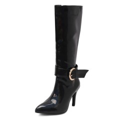 Pointed Toe Chunky Heels Side Zipper Knee Highs Ankle Decorated Straps Elegant Boots - Black