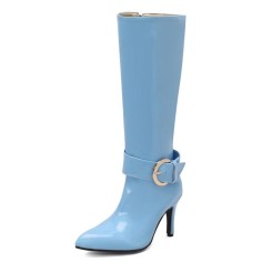 Pointed Toe Chunky Heels Side Zipper Knee Highs Ankle Decorated Straps Elegant Boots - SkyBlue
