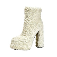 Round Toe Chunky Heels Low Platforms Ankle Highs Warm Fluffy Curly Booties with Side Zipper - Beige Faux Wool