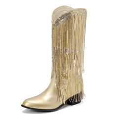 Pointed Toe Chunky Low Heels Knee Highs Tassel Western Cowboy Festival Boots - Gold