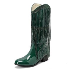 Pointed Toe Chunky Low Heels Knee Highs Tassel Western Cowboy Festival Boots - Green