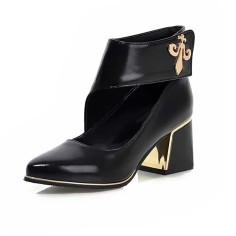 Pointed Toe Chunky Heels Metal Decal Hollowed Ankle Straps Pumps - Black Faux Leather