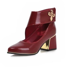 Pointed Toe Chunky Heels Metal Decal Hollowed Ankle Straps Pumps - Wine Faux Leather