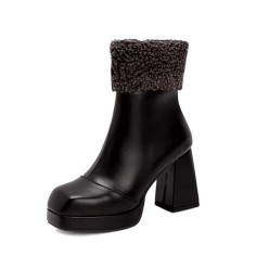 Square Toe Chunky Heels Side zipper Turned Over Short Plush Ankle Highs Boots - Black Faux Leather