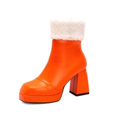 Square Toe Chunky Heels Side zipper Turned Over Short Plush Ankle Highs Boots - Orange Faux Leather